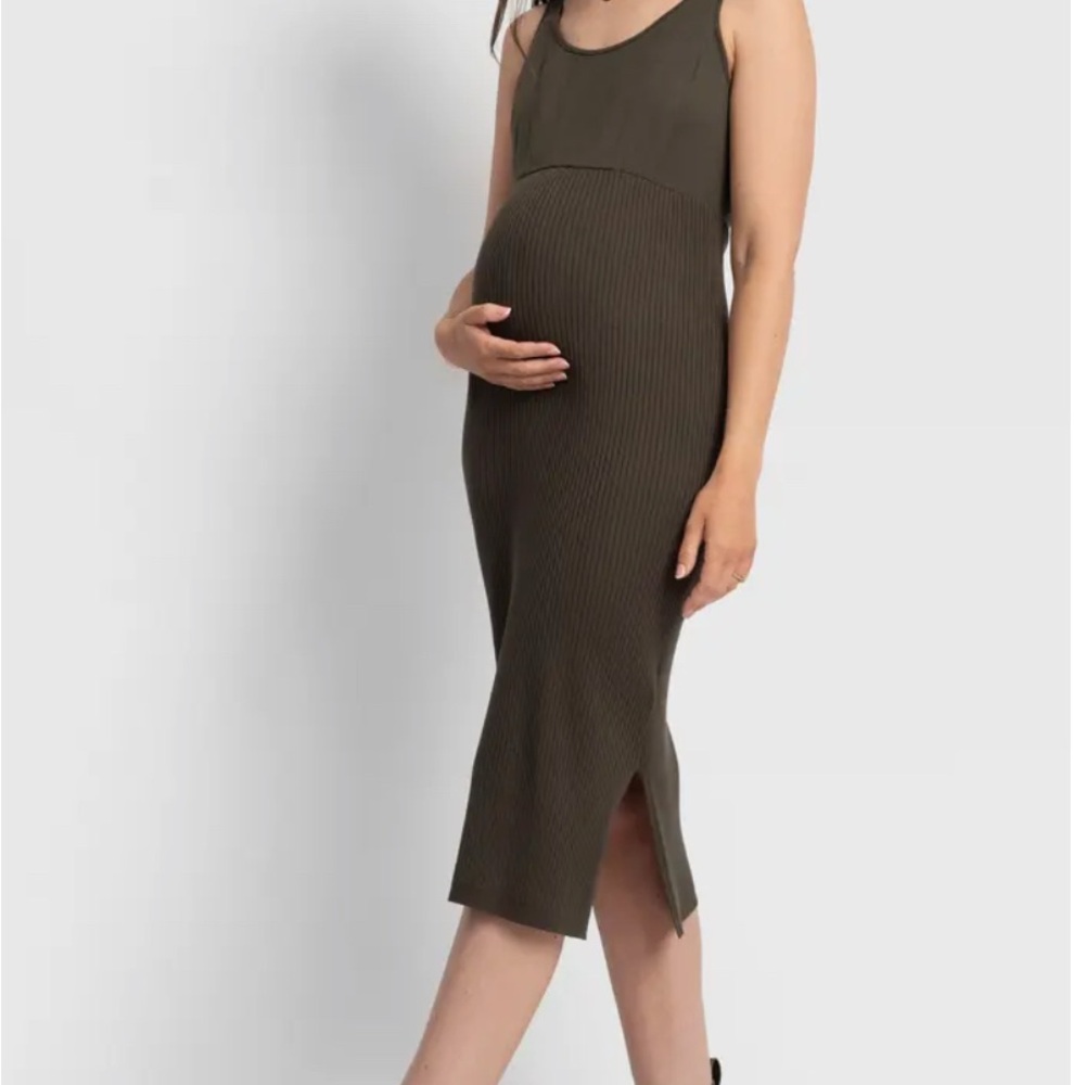 Seraphine Sleeveless Ribbed Midi Maternity and Nursing Dress in Olive/Black